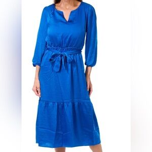 NEW Lucky Brand Royal Blue 3/4 Sleeve V-neck Satin Midi Tie Waist Dress M, L